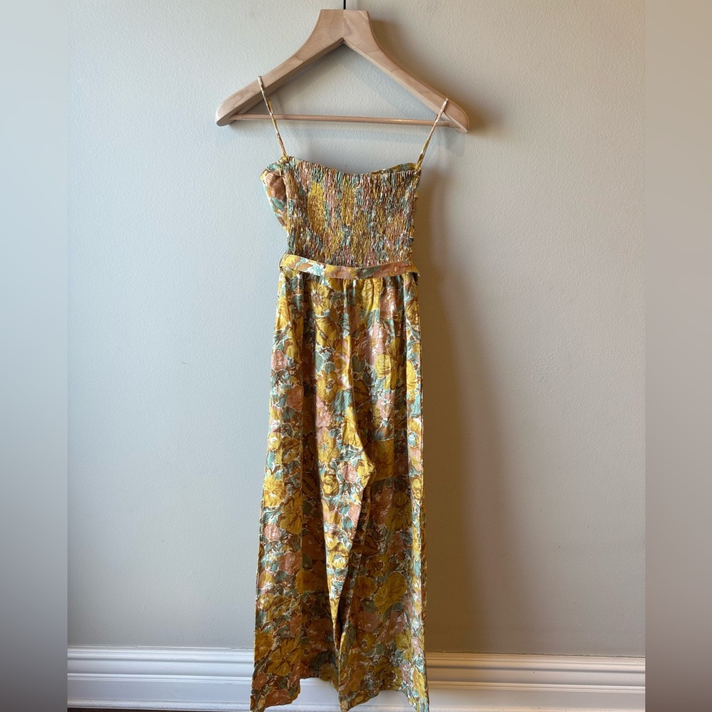 Revolve Faithfull the Brand Yellow Linen Floral Wide Leg Jumpsuit size 6 - Picture 2 of 6